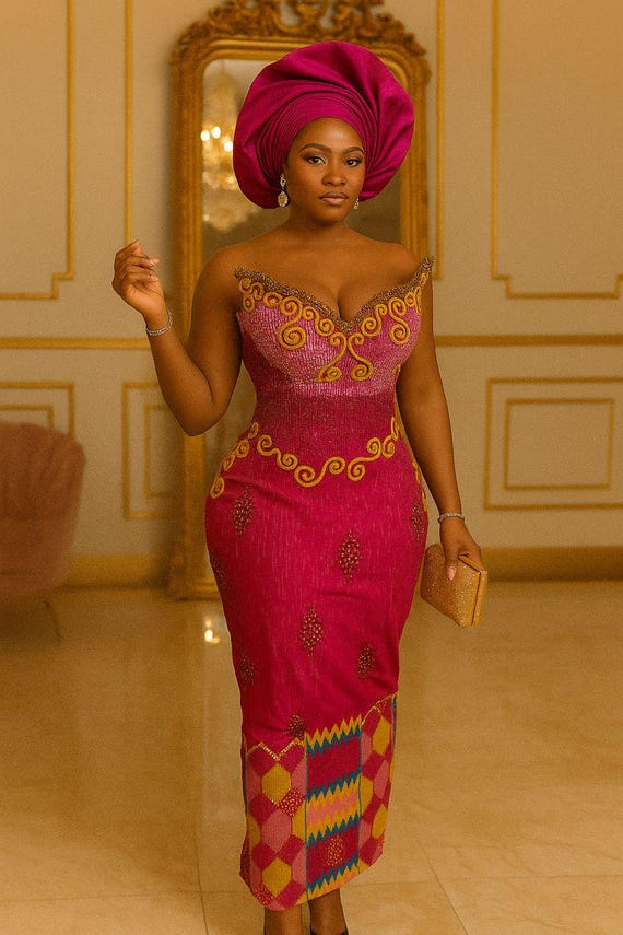 beaded kente dress Luxury Beaded Kente Wedding Dress: Embroidered Ankara Gown