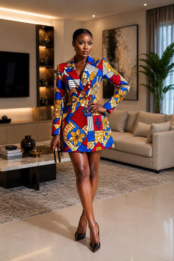 red gold button detail blazer dress Ankara Dress, Double Breasted African Print Mini Corporate menu: new in