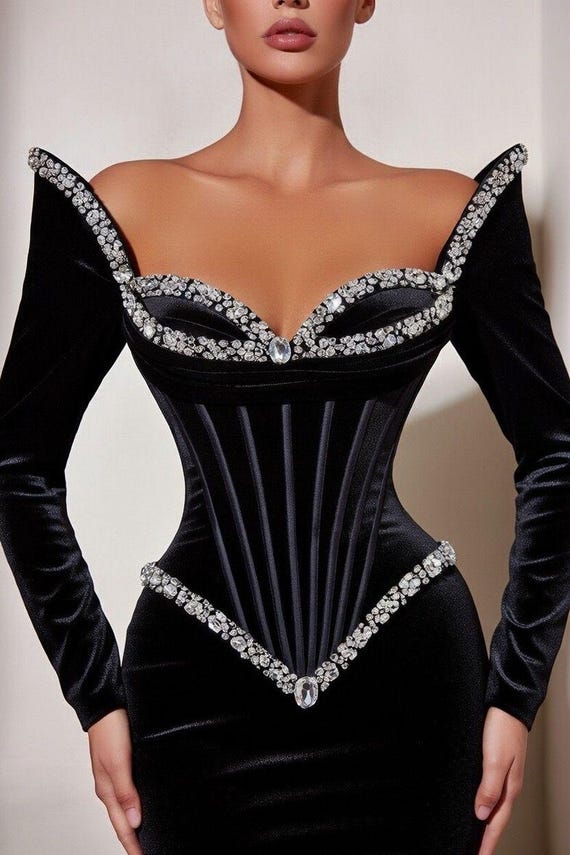 black rhinestone corset dress Velvet Formal dress Duration:4 wear_Bridal Stacees A-line Sequins Ruffle With a side slit