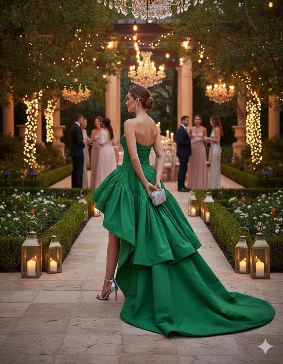 slim fit dress slacks Elegant Emerald Green Off the-Shoulder Satin Dress with slit – FancyVestido main image 1
