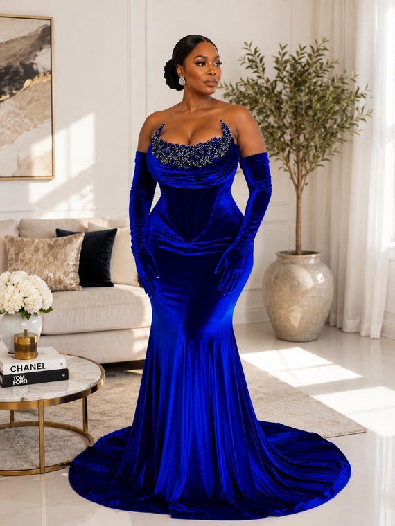 velvet dress with gloves Opera A perfect choice for a night to remember Blue Velvet Corset Gown: Appliqu