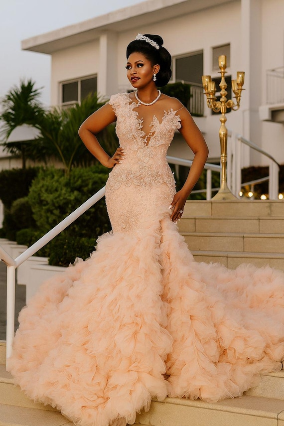Peach Mermaid Wedding Reception Gown -- Floral Beaded Bodice & Dramatic Ruffled Train -- Bridal / Evening Dress
