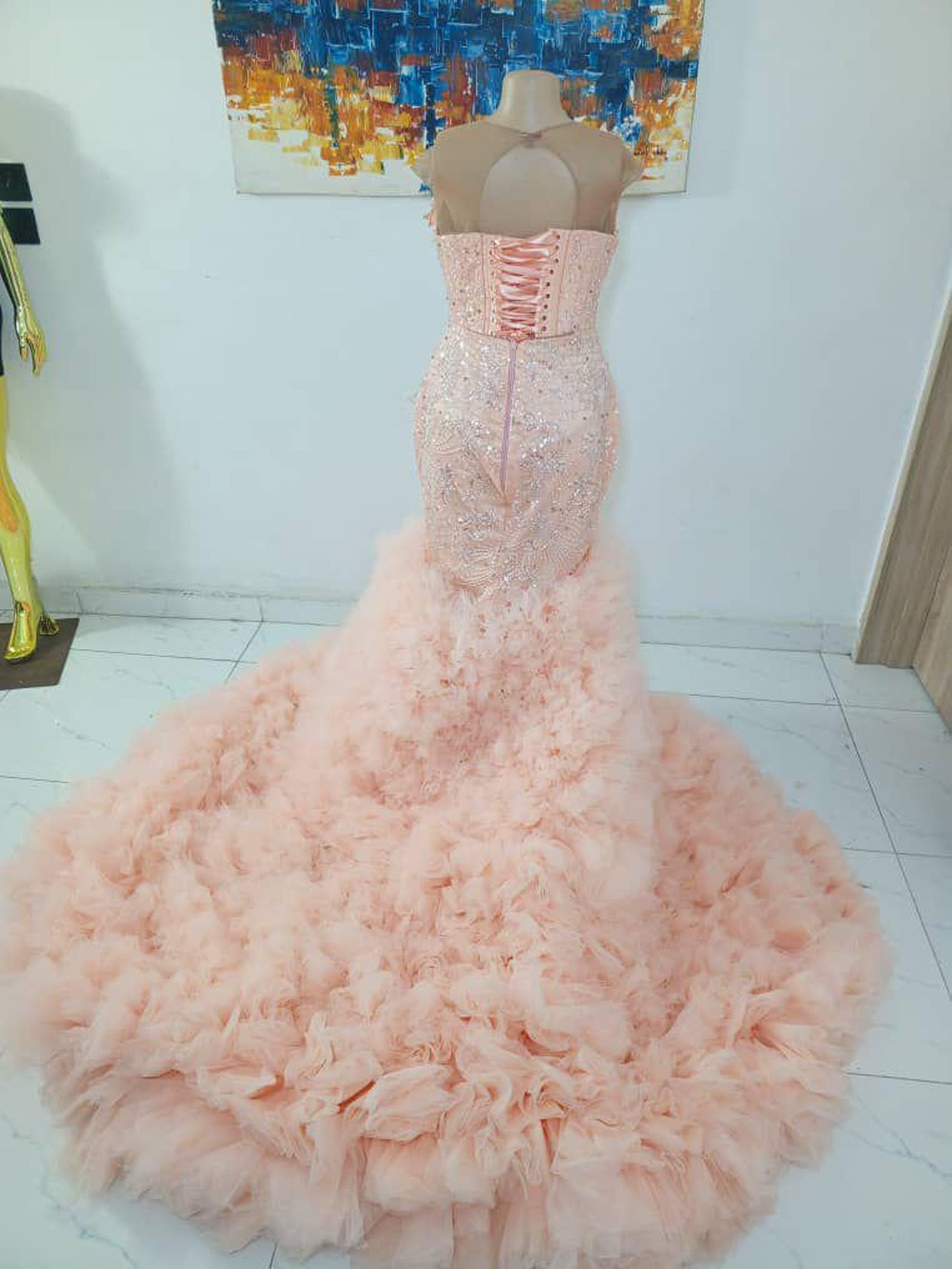 Strapless Ruched Bodice Beaded Trim Mermaid Gown Peacock