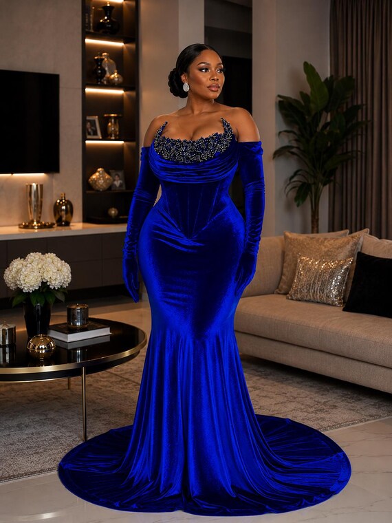 Blue Velvet Corset Gown: Appliqué Bust & Gloves