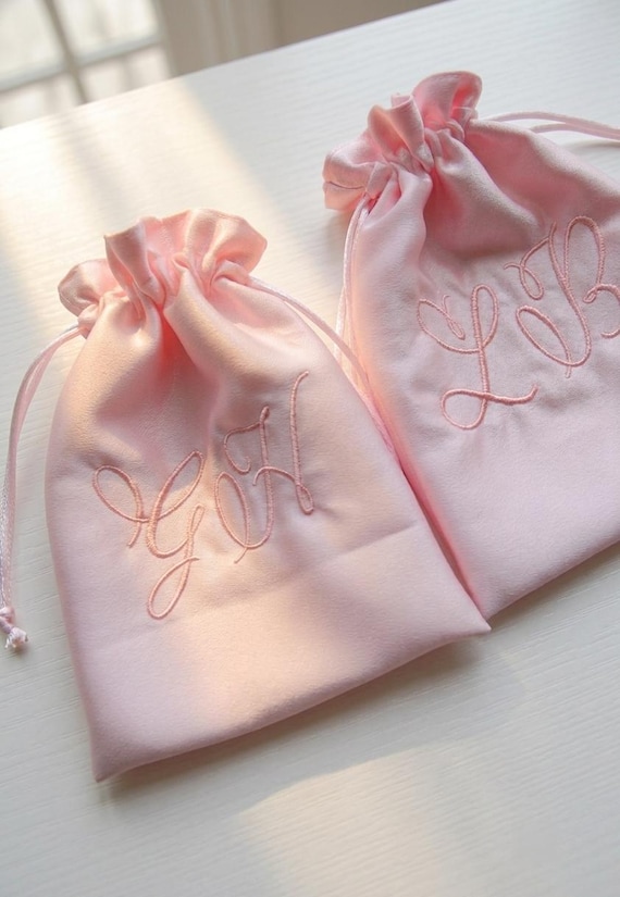 Personalized Satin Drawstring Bag, Embroidered Initials Pouch, Custom Jewelry Bag, Embroidery MakeupBag