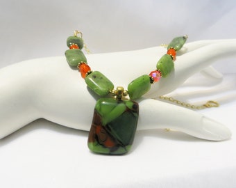 Nephrite Jade & Fused Glass Necklace,  Unique Glass and Jade Necklace, Gift Idea