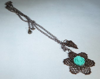 Necklace, Antiqued Brass Necklace with Teal Resin Flower, Gift For Her