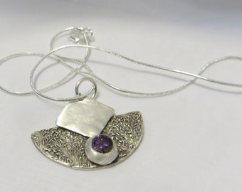 Art Deco Inspired Fine Silver Pendant with 6 mm Purple CZ, Gift Idea
