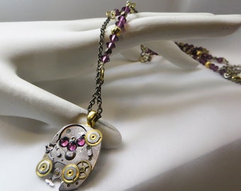 OOAK Steampunk Necklace with Vintage Watch Parts, Swarovski Purple Crystals and Silver Chain