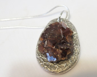 Spessartite Garnet Cluster & .999 Fine Silver Unique Pendant with .925 Sterling Silver Snake Chain