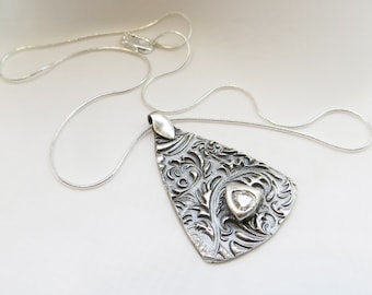 Fine Silver Large Triangle Textured Pendant with CZ Accent and Patina, Gift For Her