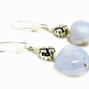 Pale Blue Chalcedony, White Shell, and SP Flower Spacer Earrings
