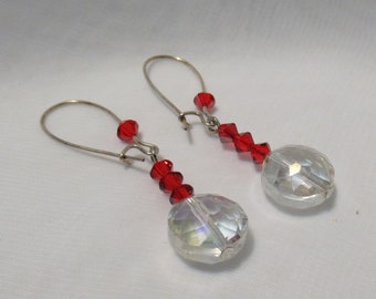 Clear and Red Swarovski Crystal Dangle Earrings