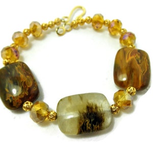 Amber Colored Tiger Cherry Quartz, Amber Glass Faceted Beads, and GP Filigree Bead Bracelet image 1