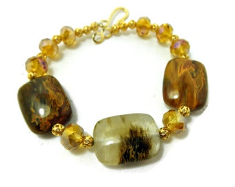 Amber Colored Tiger Cherry Quartz, Amber Glass Faceted Beads, and GP Filigree Bead Bracelet