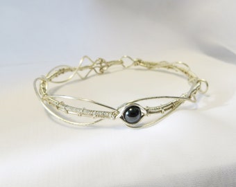 Wire Wrapped Silver Bracelet with Hematite Focal Bead, Silver Wire Bangle Bracelet