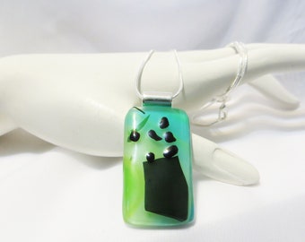 Lime Green, Aqua, and Black Fused Glass Pendant Necklace; Necklace for Her; Gift Idea