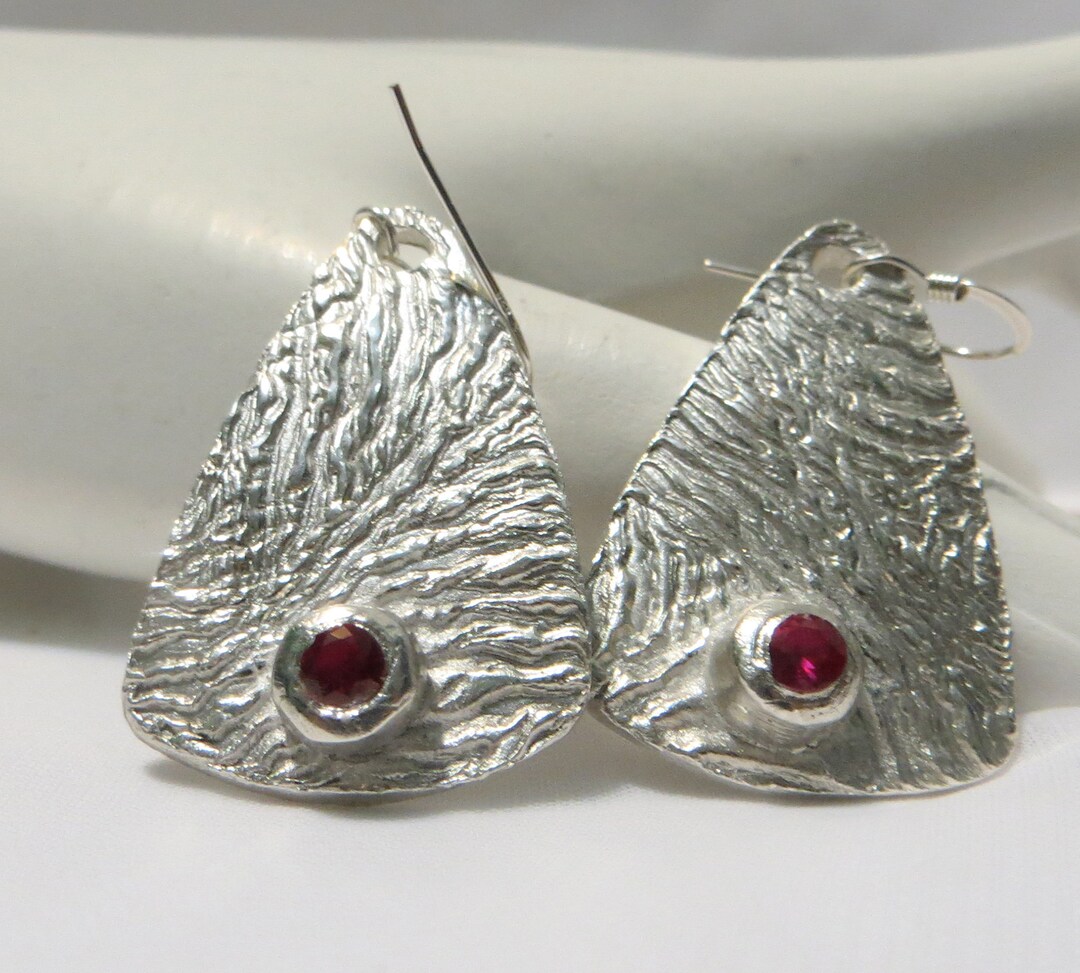 Large Fine Silver & Ruby Triangular Animal Texture Dangle Earrings ...