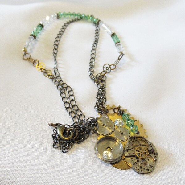 Watch Part Assemblage Steampunk Necklace with Swarovski Crystals