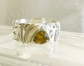 Wide Band Fine Silver Textured Ring with Trillion Canary Yellow CZ,  November Birthstone Fine Silver Wide Band, 13th Anniversary Wide Band