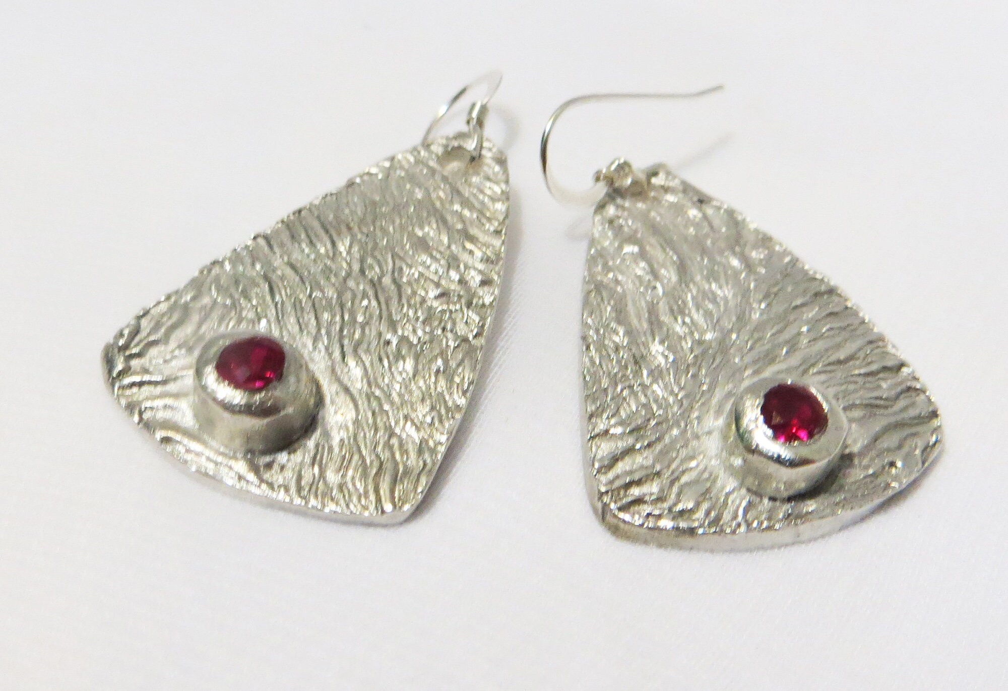 Large Fine Silver & Ruby Triangular Animal Texture Dangle Earrings ...