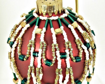Green, Gold, and Pearl Beaded Christmas Ornament With Red Christmas Ball & Stand