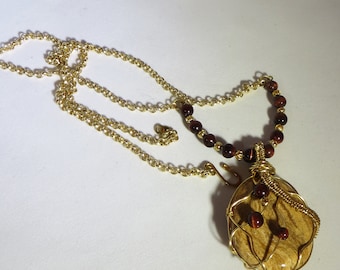 Wire Wrapped Picture Jasper Pendant with Red Tiger's Eye Beads and Gold Chain, Gift For Her, Mother's Day Gift