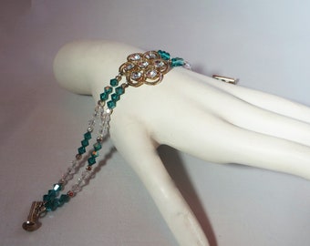 Teal & Clear Swarovski Crystal Bracelet with Crystal Flower Center, Evening Wear Bracelet, Bridal Bracelet, Gift For Her