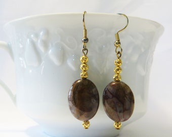 Pietersite & Gold Filigree Dangle Earrings, Semi-precious Gemstone Earrings