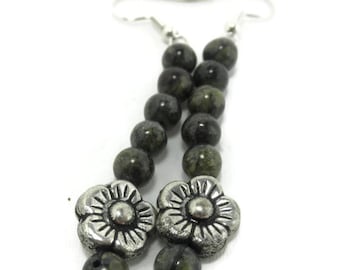 Dragon's Blood Jasper & Silver Plated Flower Earrings