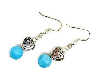 Tuquoise Blue Magnasite Faceted Bead and SP Heart Earrings