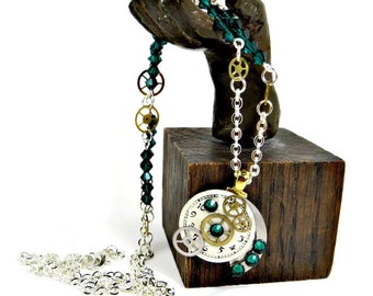 OOAK Steampunk Vintage Watch Parts Pendant with Emerald Green Swarovski Crystals and Silver Chain