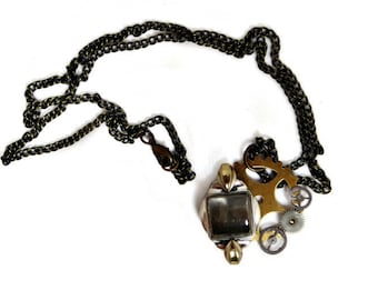 OOAK Steampunk Necklace with Vintage Watch Parts Pendant and Antiqued Brass Chain