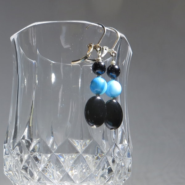 Black Onyx & Blue Mother of Pearl Earrings; Gift for Her; Dangle Earrings