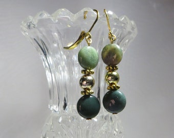 Fancy Jasper & Gold Bead Earrings, Dangle Earrings, Mother's Day Gift, Gift for Her