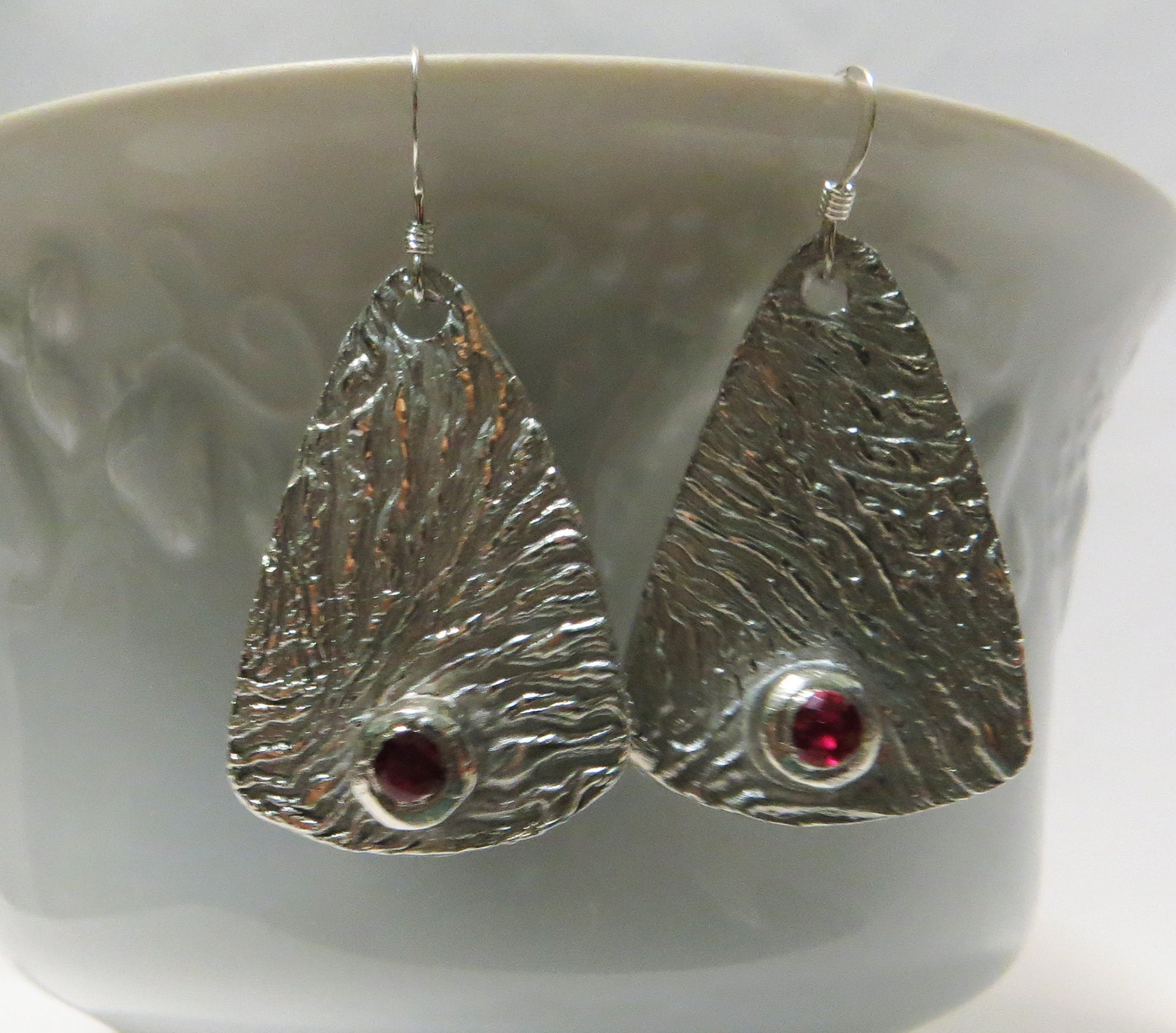 Large Fine Silver & Ruby Triangular Animal Texture Dangle Earrings ...