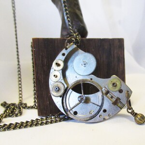 Steampunk Half-moon Pendant with Gears & Antiqued Brass Fluted Bead Embellishment
