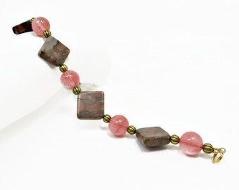 Pink and Gray Marble, Cherry Quartz, and Gold Fluted Beads Bracelet