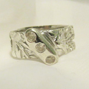 3 Stone Fine Silver Textured Wide Band Ring Size 10, .999 Silver Wedding Band