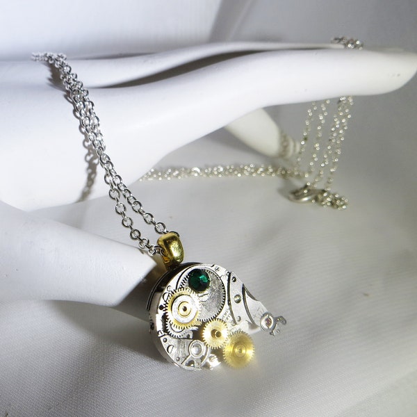 Steampunk Watch Movement with Green Swarovski Crystal & Silver Cable Chain, Vintage Watch Movement Necklace