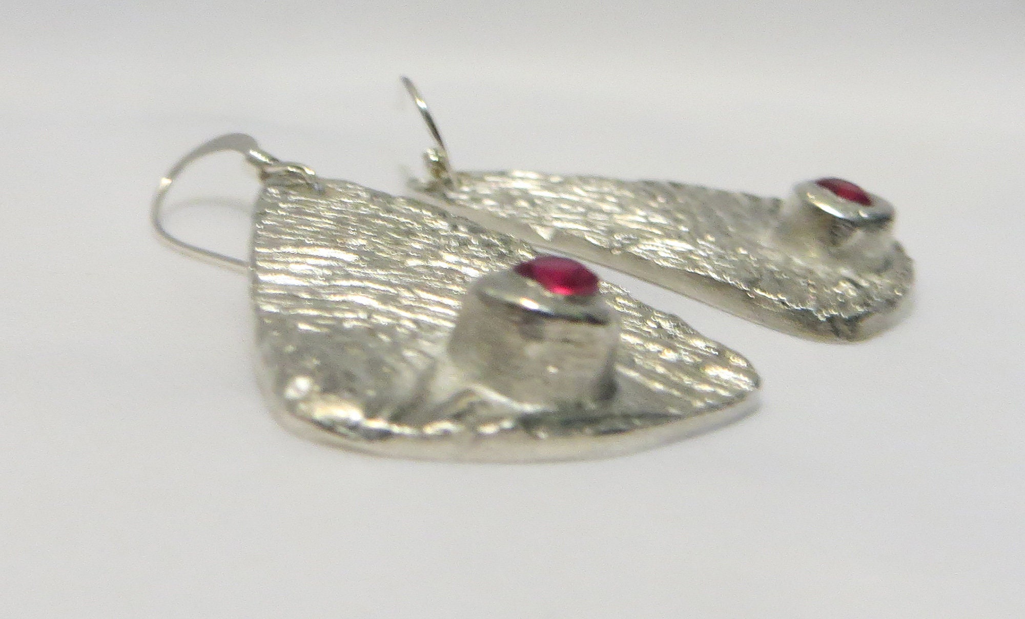Large Fine Silver & Ruby Triangular Animal Texture Dangle Earrings ...