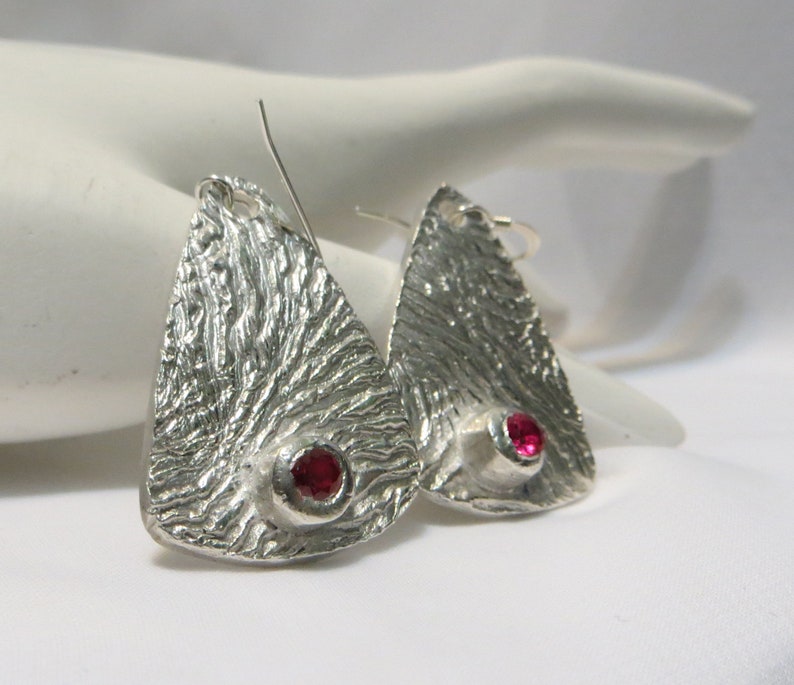 Large Fine Silver & Ruby Triangular Animal Texture Dangle Earrings ...