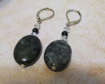 Jasper, Black Onyx, and Swarovski Crystal Dangle Earrings