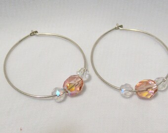 Peach and Clear Crystal Embellished Silver Hoop Earrings