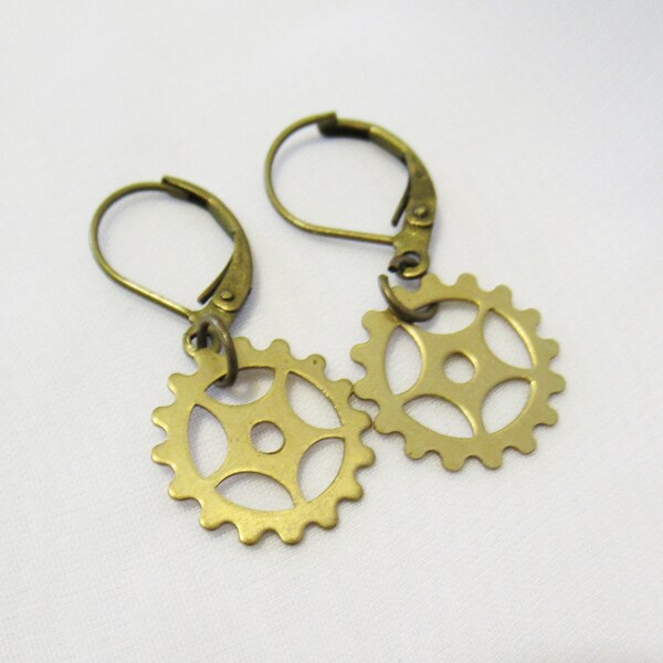 1/2" Brass Stamped Sprocket Dangle Earrings, Steampunk Stamped Sprocket Earrings, Unisex Steampunk Earrings