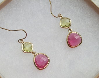 The Lipgloss- Bright Yellow and Hot Pink Faceted Stone Gold Earrings