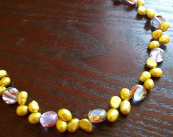 The Rainbow Bright- Multi colored glass beads with Bright yellowish green fresh water pearls