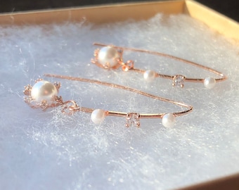 The Rosie- Sparkly Cubic Zirconia and Pearl Rose Gold Long Wire Earrings