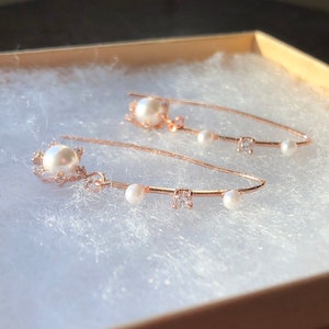 The Rosie- Sparkly Cubic Zirconia and Pearl Rose Gold Long Wire Earrings