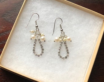 The Pearly and Bright- Real Pearl and Vintage Sparkly Swarovski Rhinestone Charm Dangle Earrings
